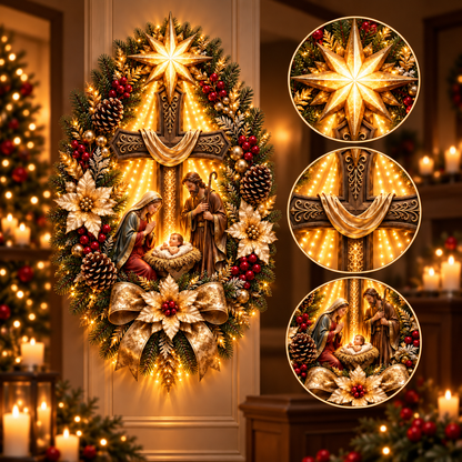 ⭐ Bethlehem Star Nativity Cross Wreath – Lighted Christian Christmas Wall Decor with Holy Family & Warm LED Glow