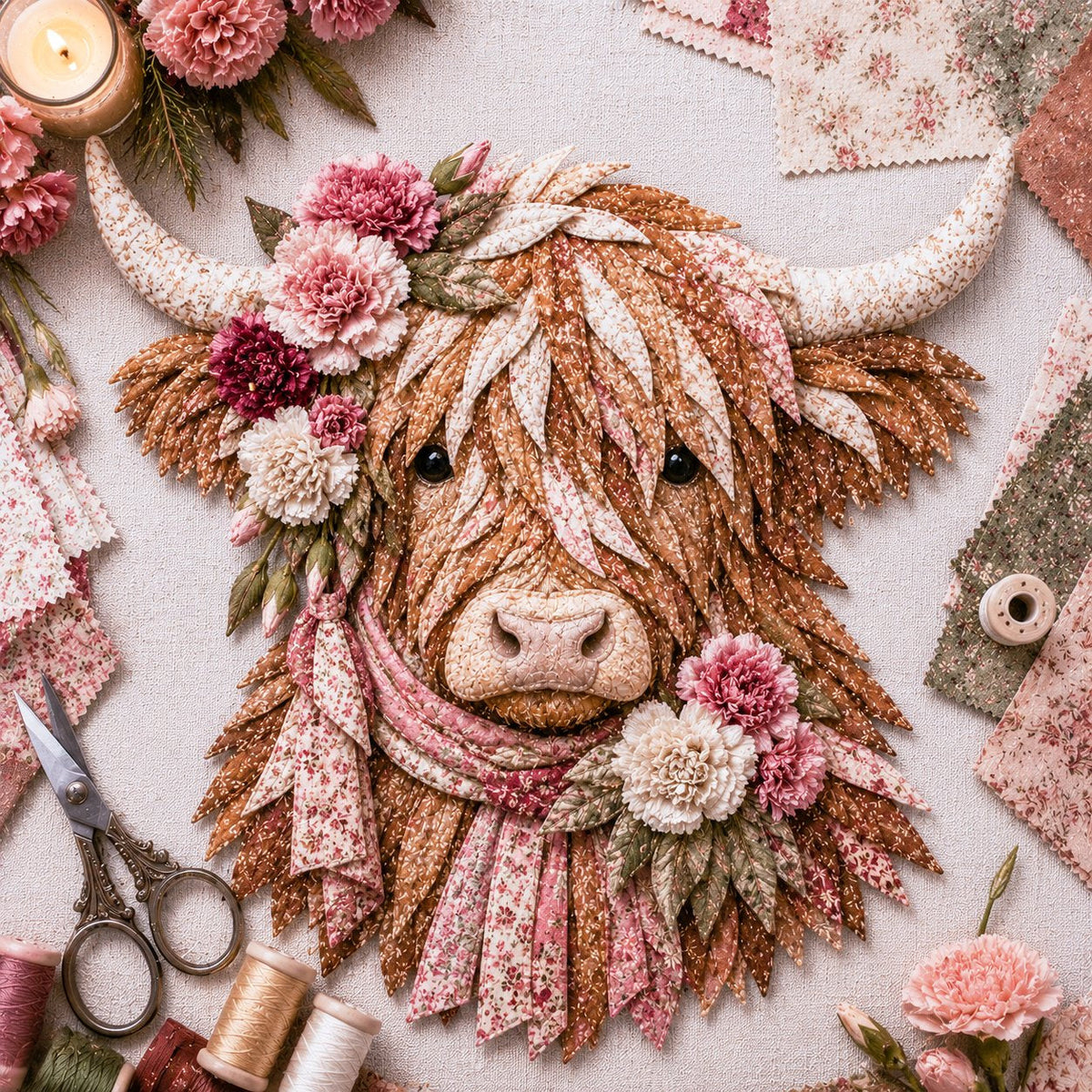 🔥 🐮 DIY Highland Cow 3D Fabric Art Kit with Beautiful Birth Flower Design 🌸✨