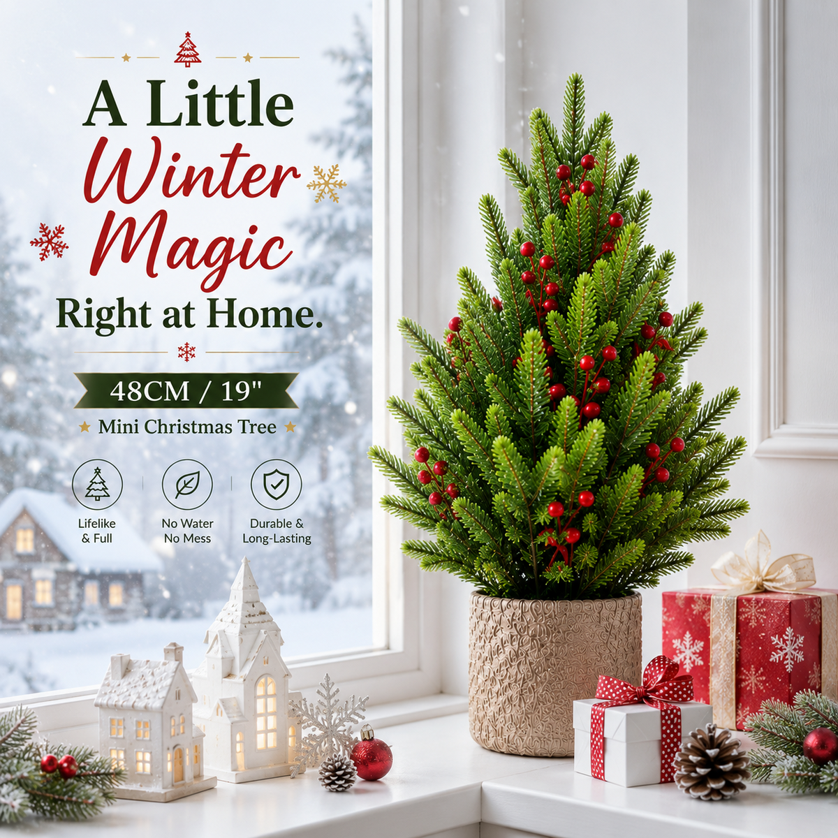 🎄 19" Lifelike Mini Christmas Tree – Festive Tabletop Holiday Decor ✨