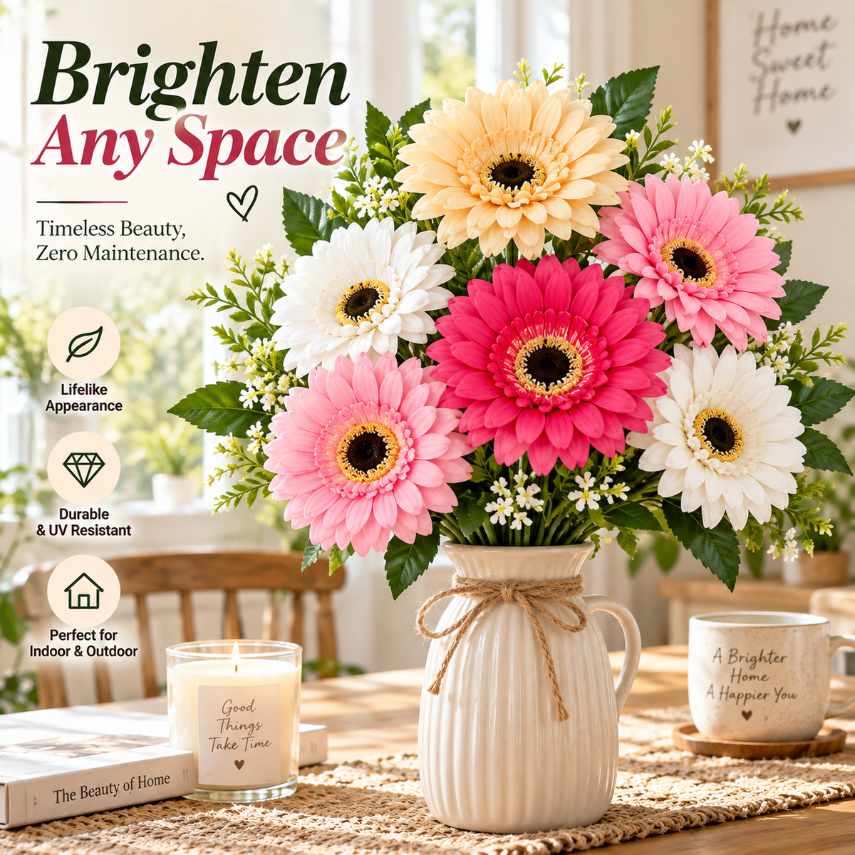 🌼 Realistic Gerbera Daisy Bouquet – 7-Bloom Artificial Flowers for Home Décor