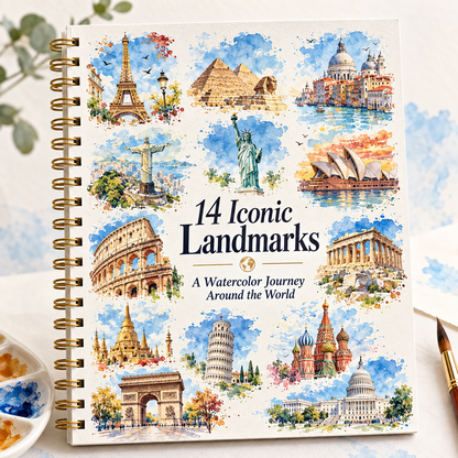 🌍 Paint the World – 14 Iconic Landmarks Watercolor Workbook