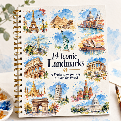 🌍 Paint the World – 14 Iconic Landmarks Watercolor Workbook