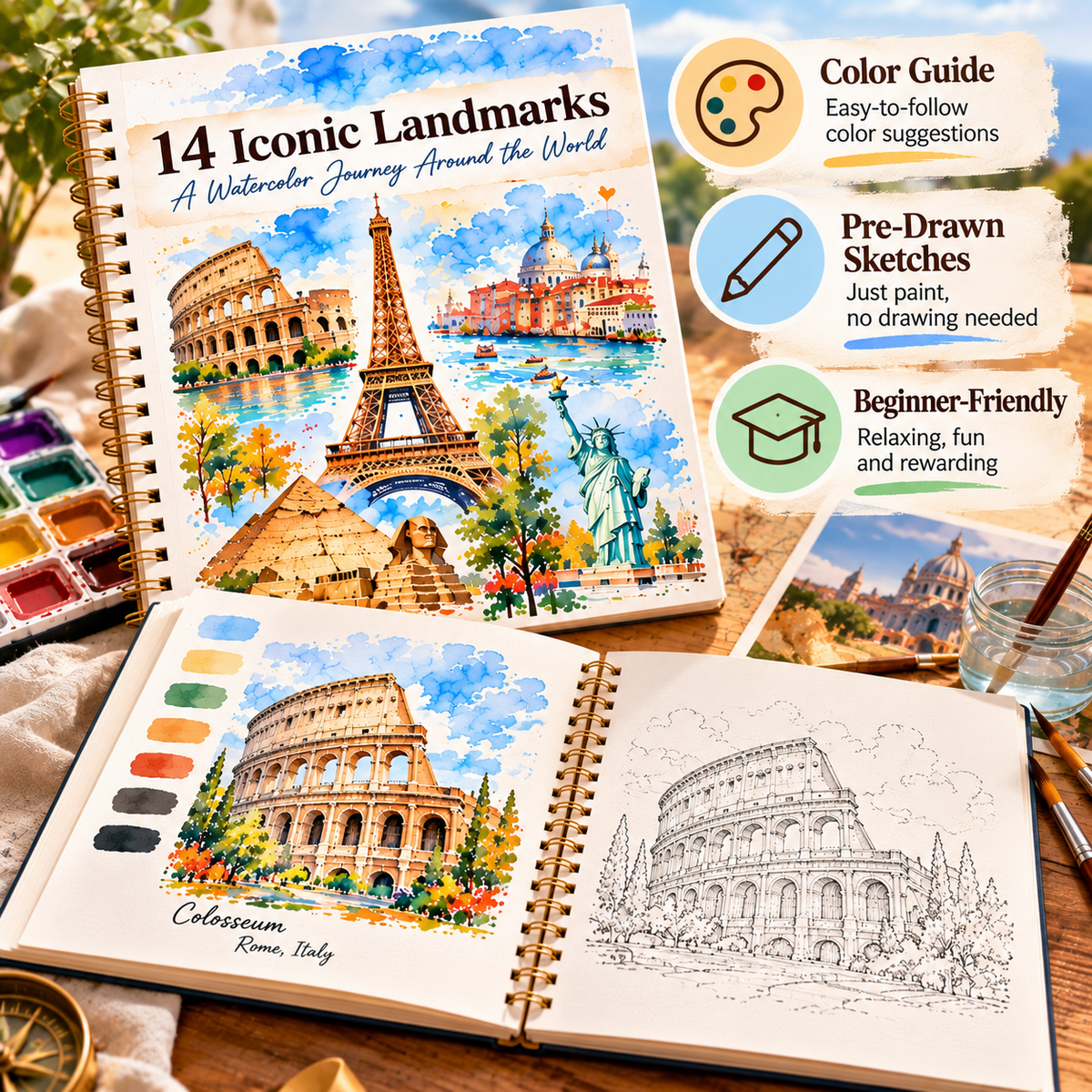 🌍 Paint the World – 14 Iconic Landmarks Watercolor Workbook