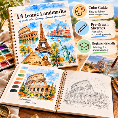 🌍 Paint the World – 14 Iconic Landmarks Watercolor Workbook