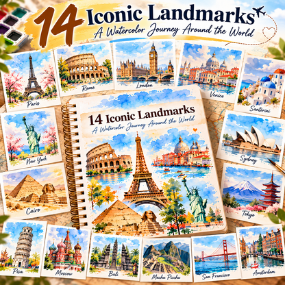 🌍 Paint the World – 14 Iconic Landmarks Watercolor Workbook