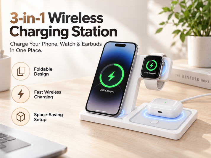 3-in-1 wireless charging station charging a phone, watch and earbuds