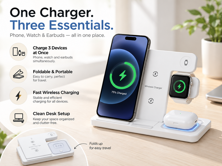 FoldCharge station with charging areas for a phone, smartwatch and wireless earbuds