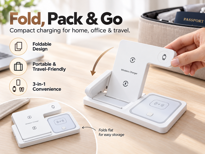 Foldable wireless charging station beside travel essentials