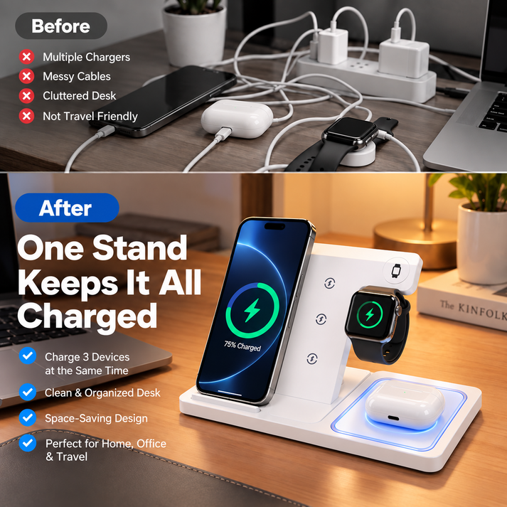 Before and after comparison showing messy charging cables versus an organized wireless charging station