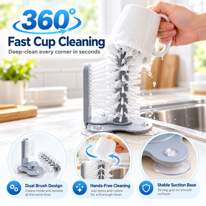 360 degree cup and glass cleaning brush washing a coffee mug