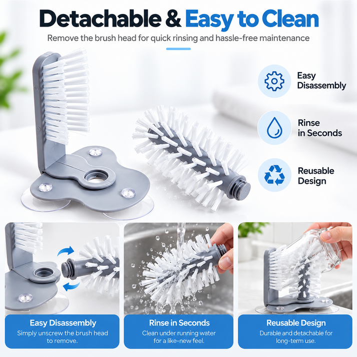 Detachable cup cleaning brush head being removed and rinsed under running water