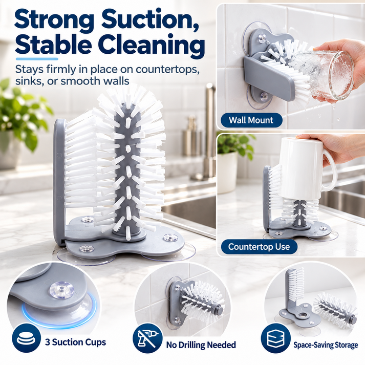 Cup cleaning brush mounted securely using strong suction cups on a countertop and wall