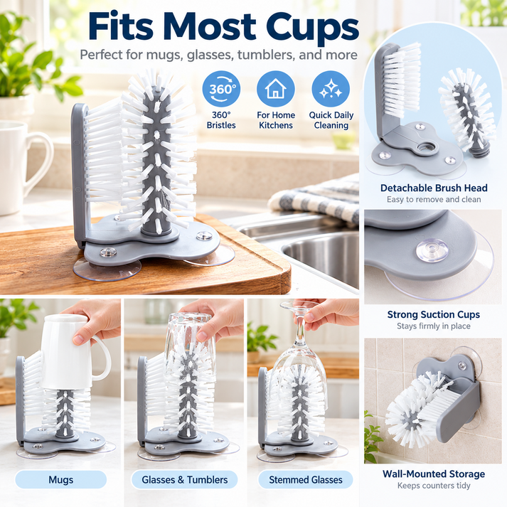 360 degree cleaning brush shown with mugs, glasses, tumblers and stemmed drinkware