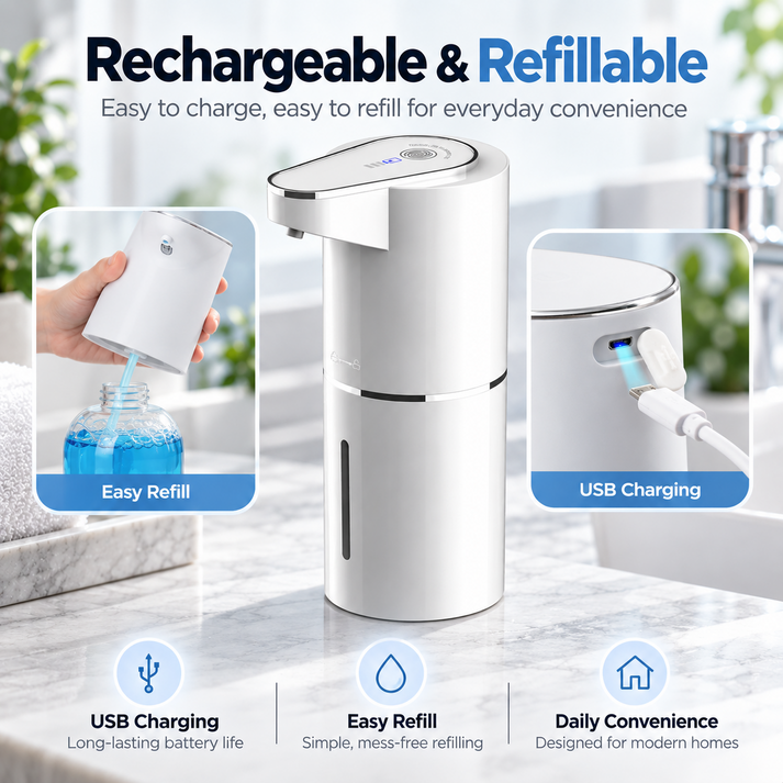 Rechargeable and refillable automatic soap dispenser with refill and charging details