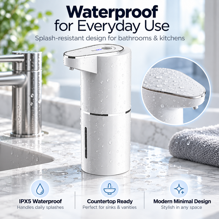 Touchless soap dispenser beside a sink with water droplets on its exterior