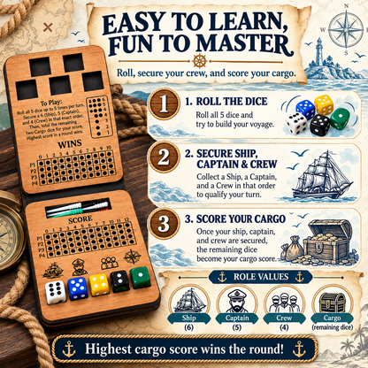 ⚓Ship, Captain, Crew – A Classic Wooden Dice Game For Family & Travel Fun