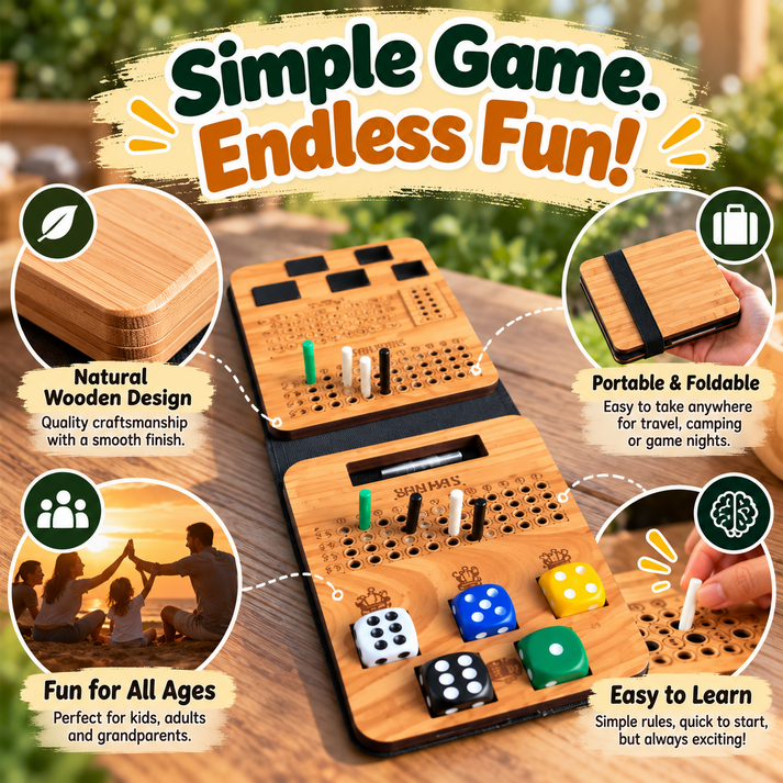 Portable folding wooden dice game with family friendly features