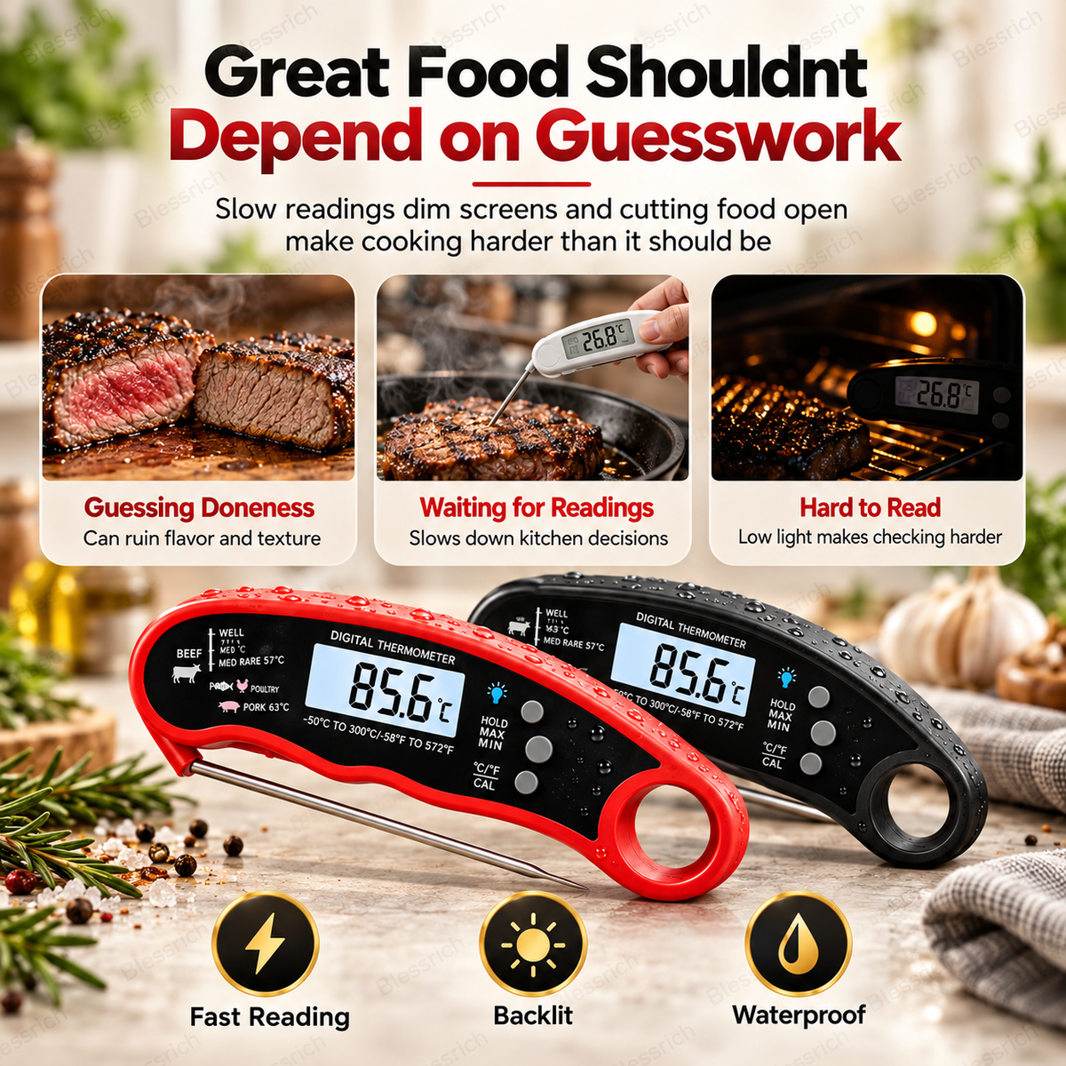 🔥 Stop Guessing! Instant-Read Digital Meat Thermometer 🌡️ – 0.8s Fast Reading | ±1°C Accuracy | Waterproof | Backlit LCD | Foldable 110mm Probe | °C/°F | Perfect for Steak, BBQ, Grilling, Baking & Cooking 🎉 Limited-Time Deal
