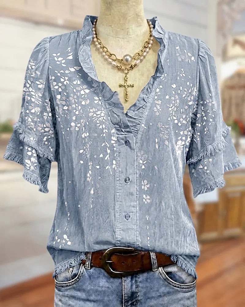 🔥2026 HOT SEAL ! ! !🔥100% Cotton Ruffle Trim V Neck Tiered Sleeve Floral Button Front Blouse