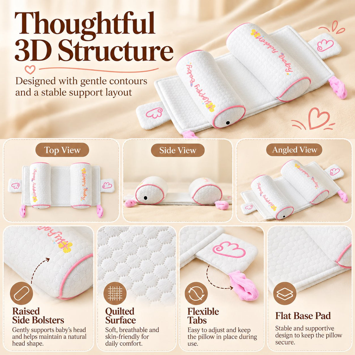 👶Infant Shaped Headrest-Bilateral positioning pillow column, gentle guide head sleeping posture