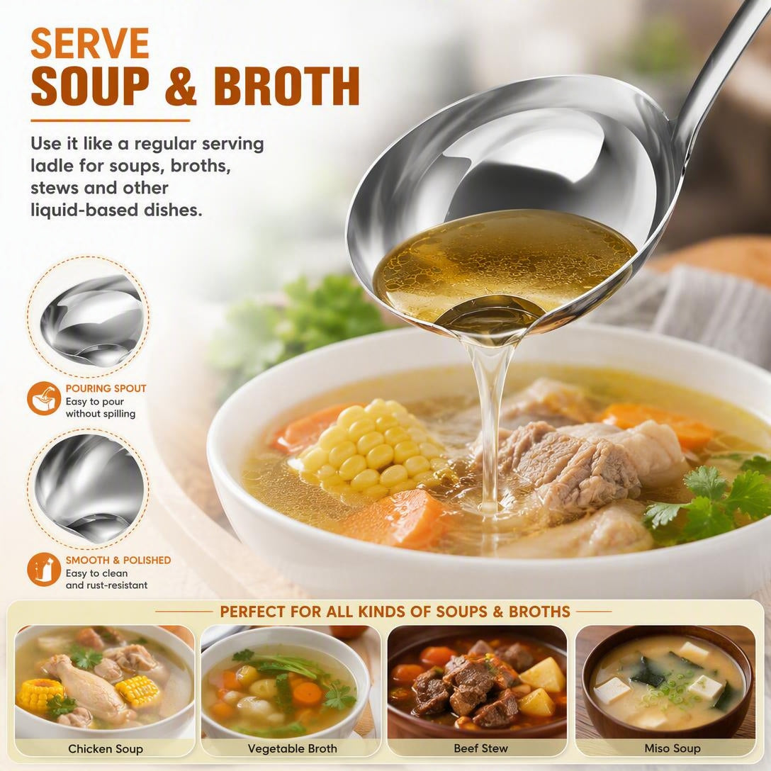 🍲 Food-Grade Stainless Steel Broth Ladle with Built-In Oil Strainer