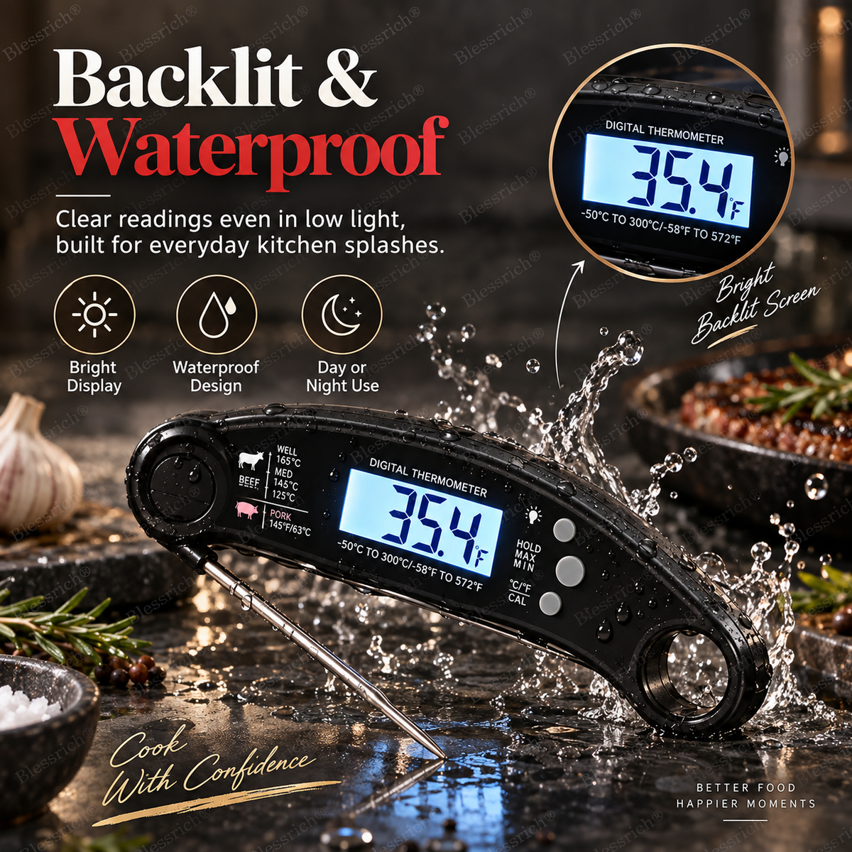 🔥 Stop Guessing! Instant-Read Digital Meat Thermometer 🌡️ – 0.8s Fast Reading | ±1°C Accuracy | Waterproof | Backlit LCD | Foldable 110mm Probe | °C/°F | Perfect for Steak, BBQ, Grilling, Baking & Cooking 🎉 Limited-Time Deal