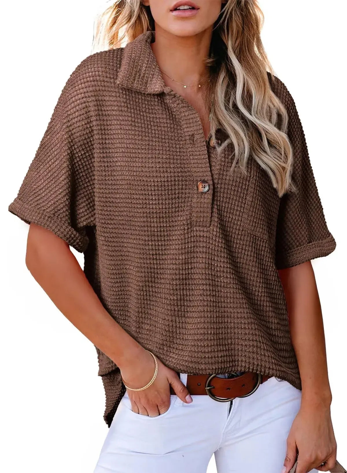 🔥2026 HOT SEAL ! ! !🔥100% Cotton Women's Waffle Knit Short Sleeve Tunic Henley Shirts
