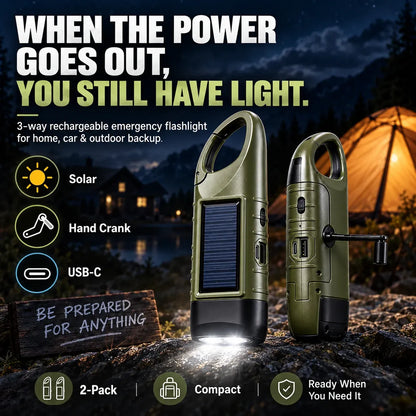 2-Pack Solar Hand Crank Emergency Flashlights – USB-C Rechargeable Outdoor Lights