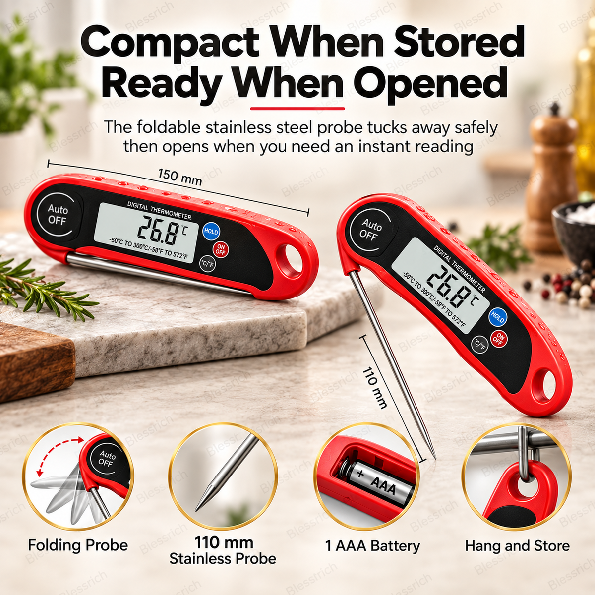 🔥 Stop Guessing! Instant-Read Digital Meat Thermometer 🌡️ – 0.8s Fast Reading | ±1°C Accuracy | Waterproof | Backlit LCD | Foldable 110mm Probe | °C/°F | Perfect for Steak, BBQ, Grilling, Baking & Cooking 🎉 Limited-Time Deal