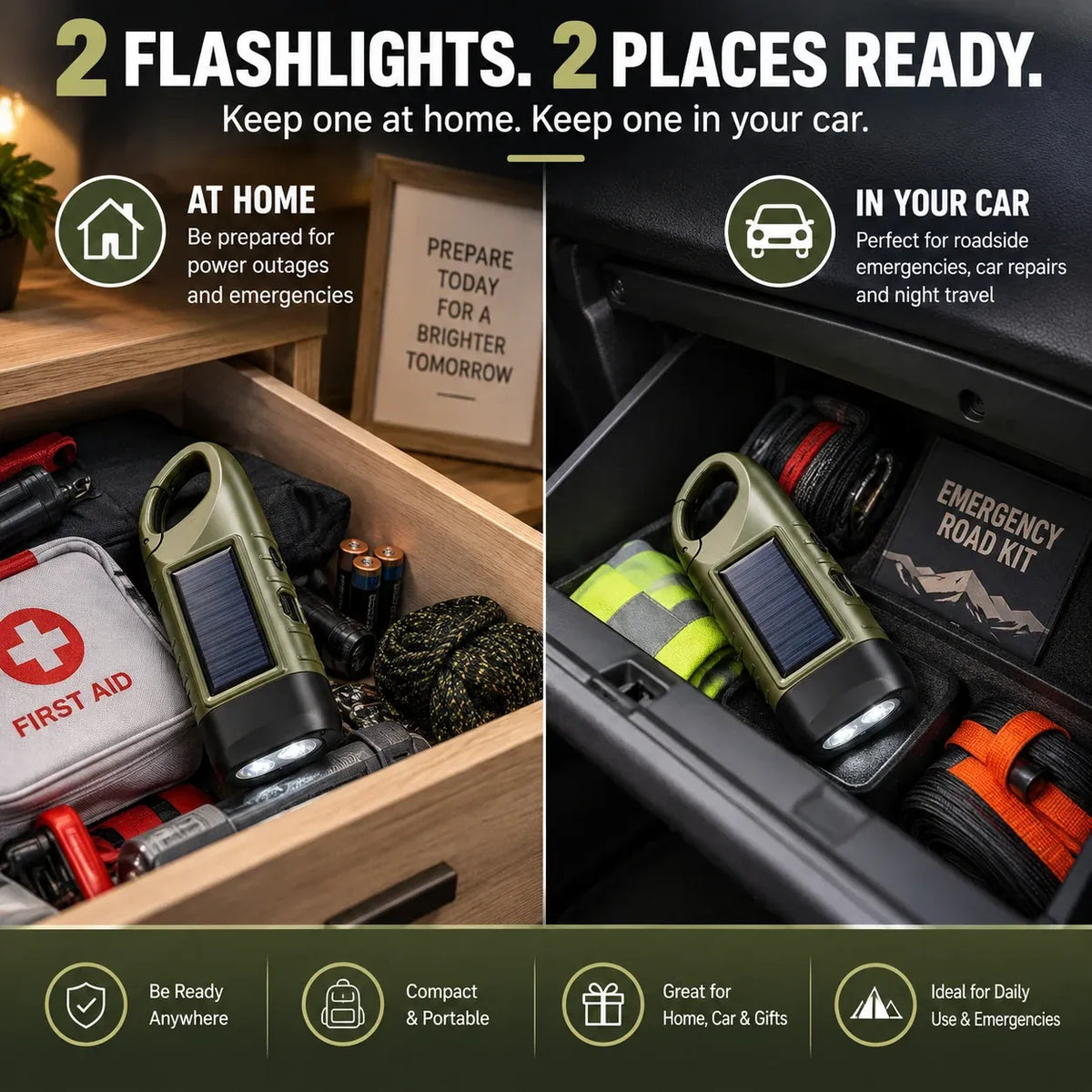 2-Pack Solar Hand Crank Emergency Flashlights – USB-C Rechargeable Outdoor Lights