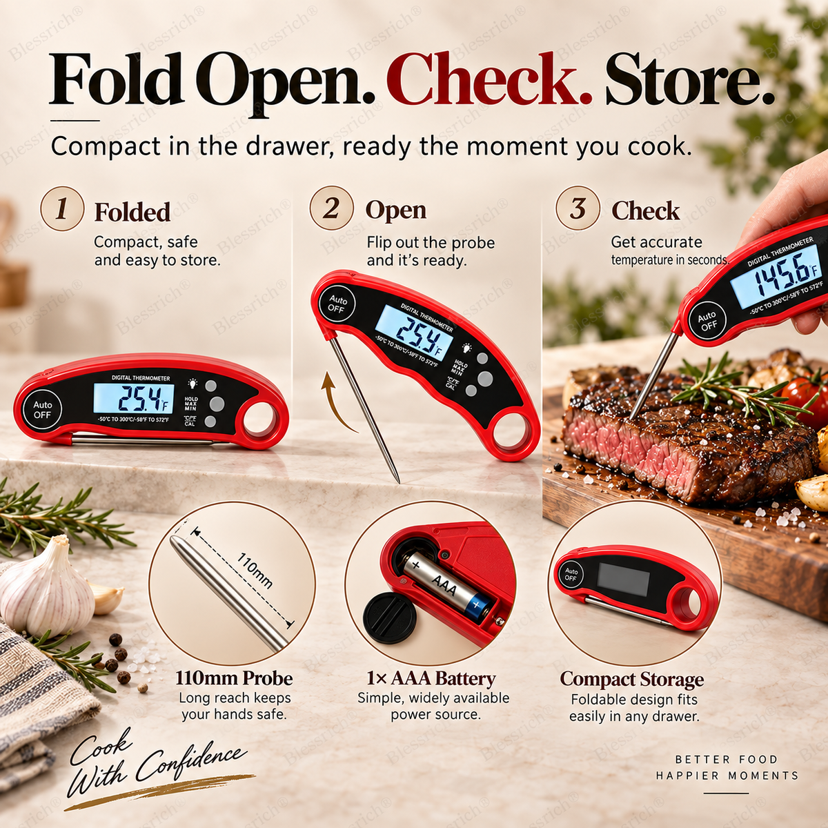 🔥 Stop Guessing! Instant-Read Digital Meat Thermometer 🌡️ – 0.8s Fast Reading | ±1°C Accuracy | Waterproof | Backlit LCD | Foldable 110mm Probe | °C/°F | Perfect for Steak, BBQ, Grilling, Baking & Cooking 🎉 Limited-Time Deal