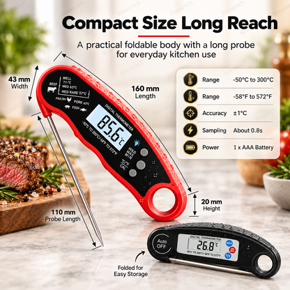 🔥 Stop Guessing! Instant-Read Digital Meat Thermometer 🌡️ – 0.8s Fast Reading | ±1°C Accuracy | Waterproof | Backlit LCD | Foldable 110mm Probe | °C/°F | Perfect for Steak, BBQ, Grilling, Baking & Cooking 🎉 Limited-Time Deal