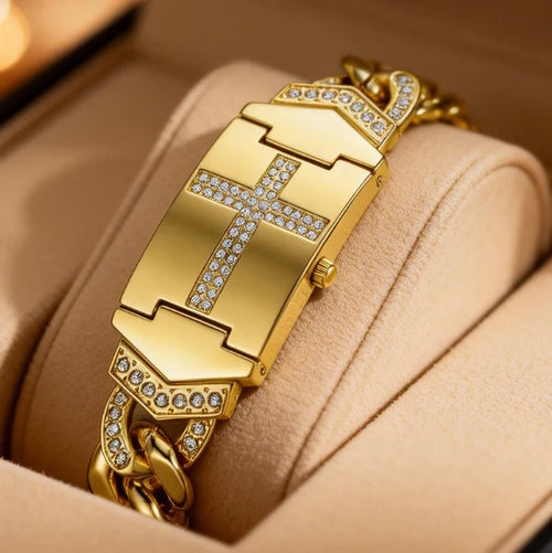 📢📢50% OFF !! ⏰Sparkling Crystal Cross Watch—Geometric Rectangular Dial, Premium Metal Strap💎