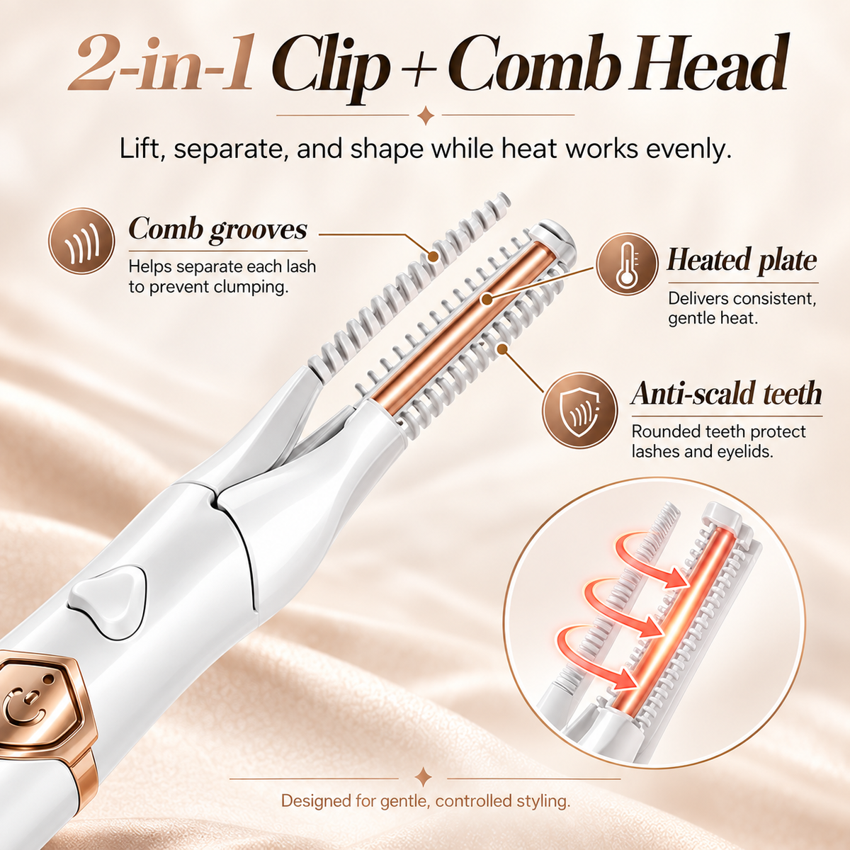 2-in-1 Heated Eyelash Curler, 3 Temperature Modes, USB Rechargeable