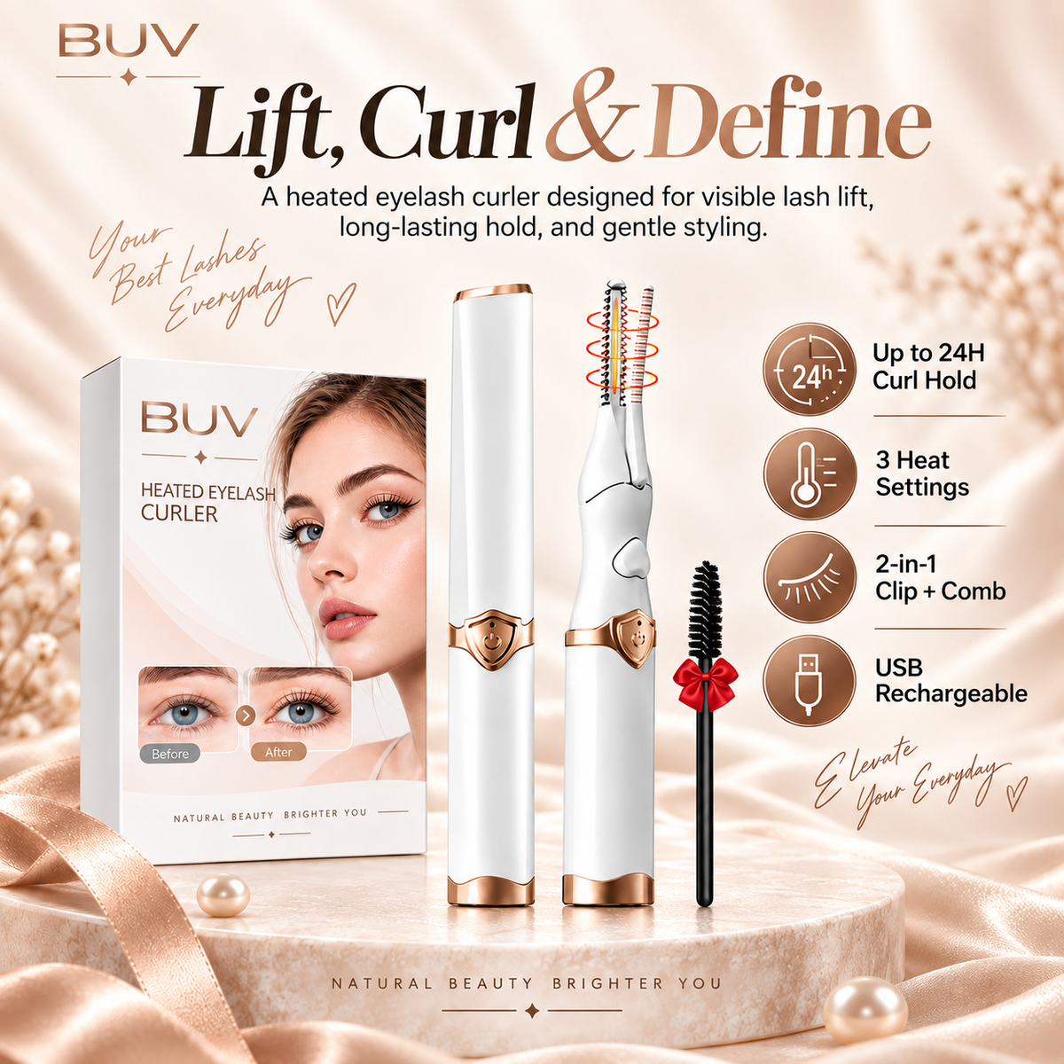2-in-1 Heated Eyelash Curler, 3 Temperature Modes, USB Rechargeable