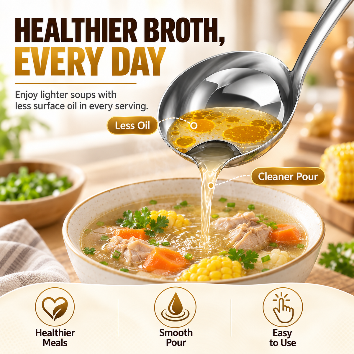 🍲 Food-Grade Stainless Steel Broth Ladle with Built-In Oil Strainer