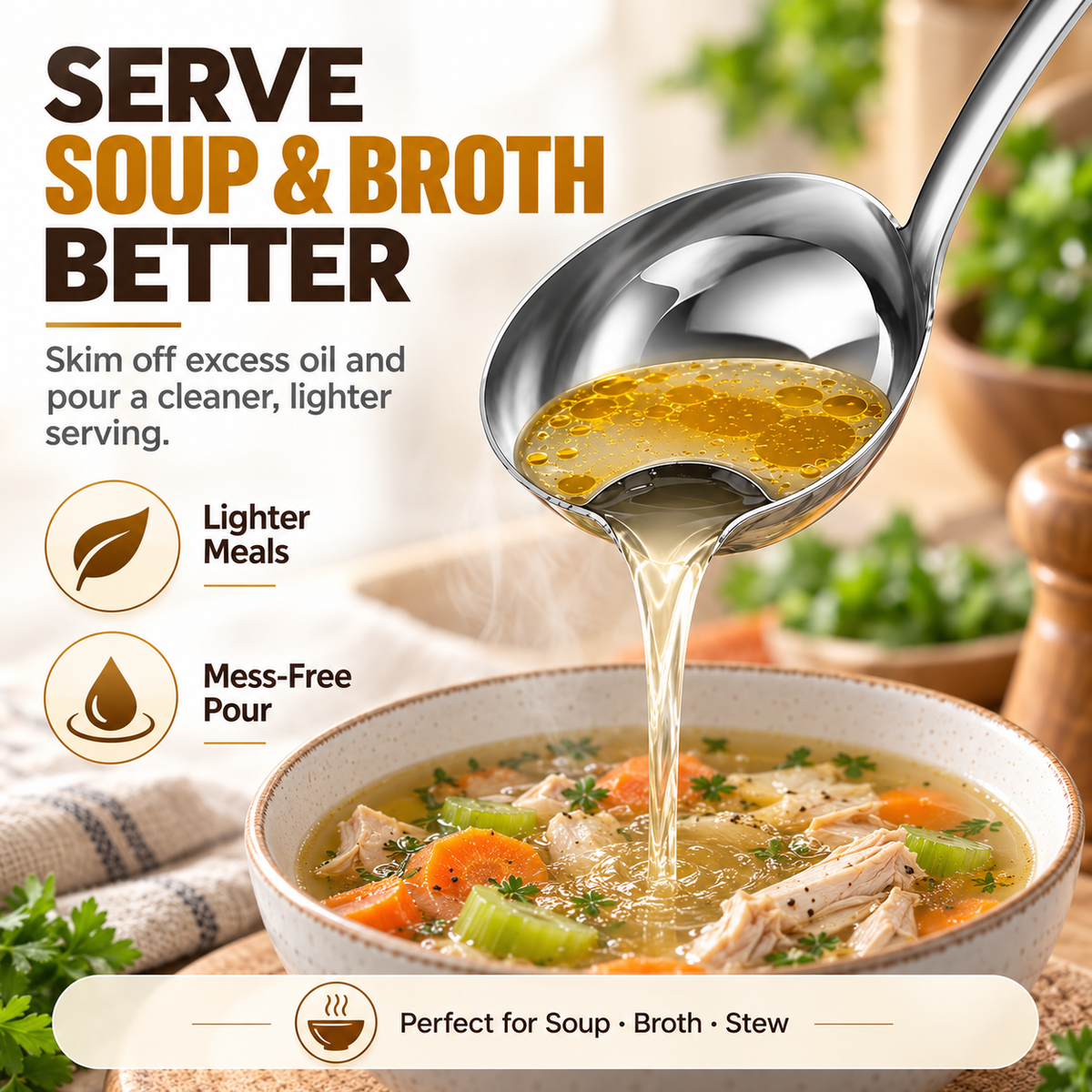 🍲 Food-Grade Stainless Steel Broth Ladle with Built-In Oil Strainer