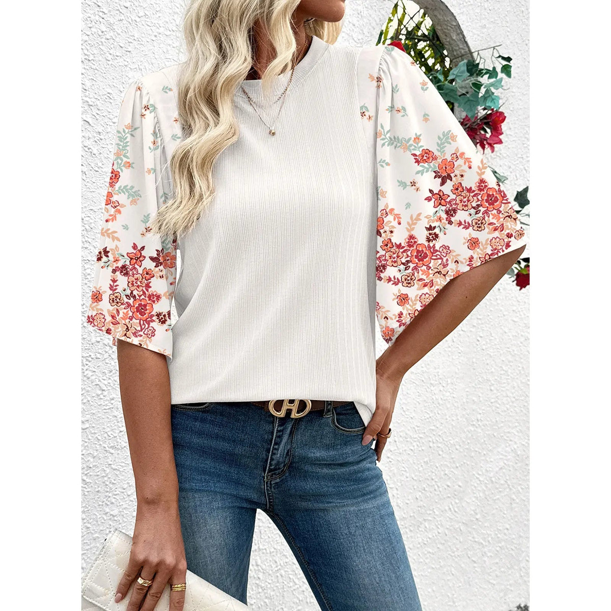 EVALESS 2026 New Women Boho Floral Patchwork Blouse, Crew Neck 3/4 Sleeve Ribbed Loose Stretchy T Shirt, Trendy Spring Summer Casual Tops