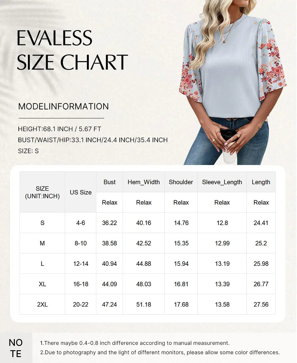 EVALESS 2026 New Women Boho Floral Patchwork Blouse, Crew Neck 3/4 Sleeve Ribbed Loose Stretchy T Shirt, Trendy Spring Summer Casual Tops
