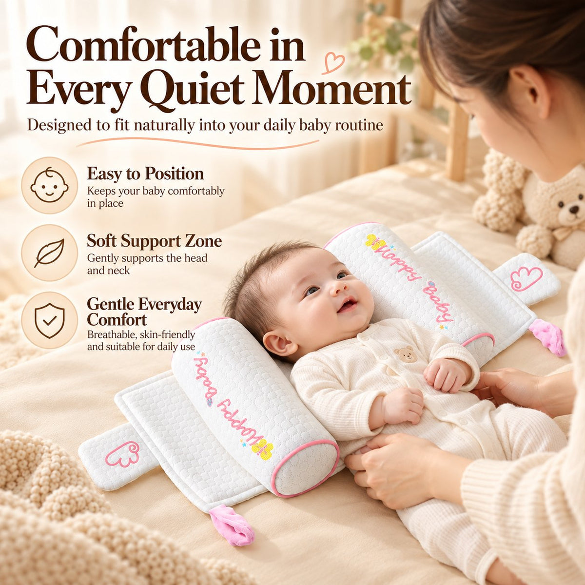 👶Infant Shaped Headrest-Bilateral positioning pillow column, gentle guide head sleeping posture