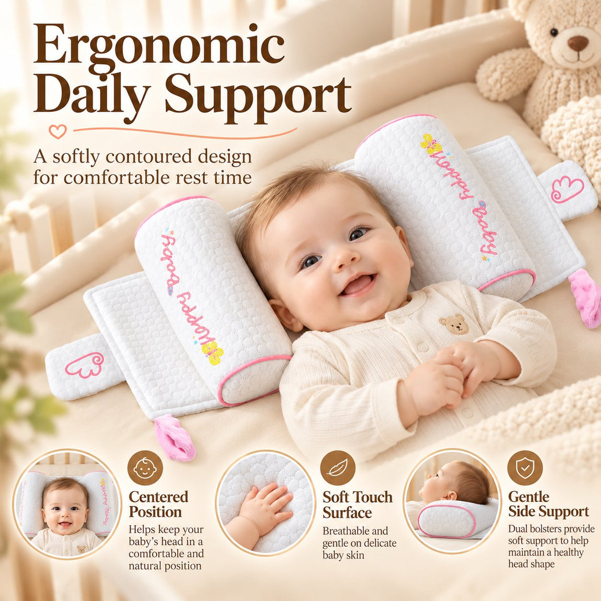 👶Infant Shaped Headrest-Bilateral positioning pillow column, gentle guide head sleeping posture