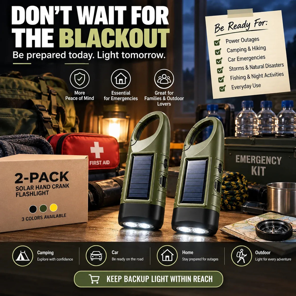 2-Pack Solar Hand Crank Emergency Flashlights – USB-C Rechargeable Outdoor Lights