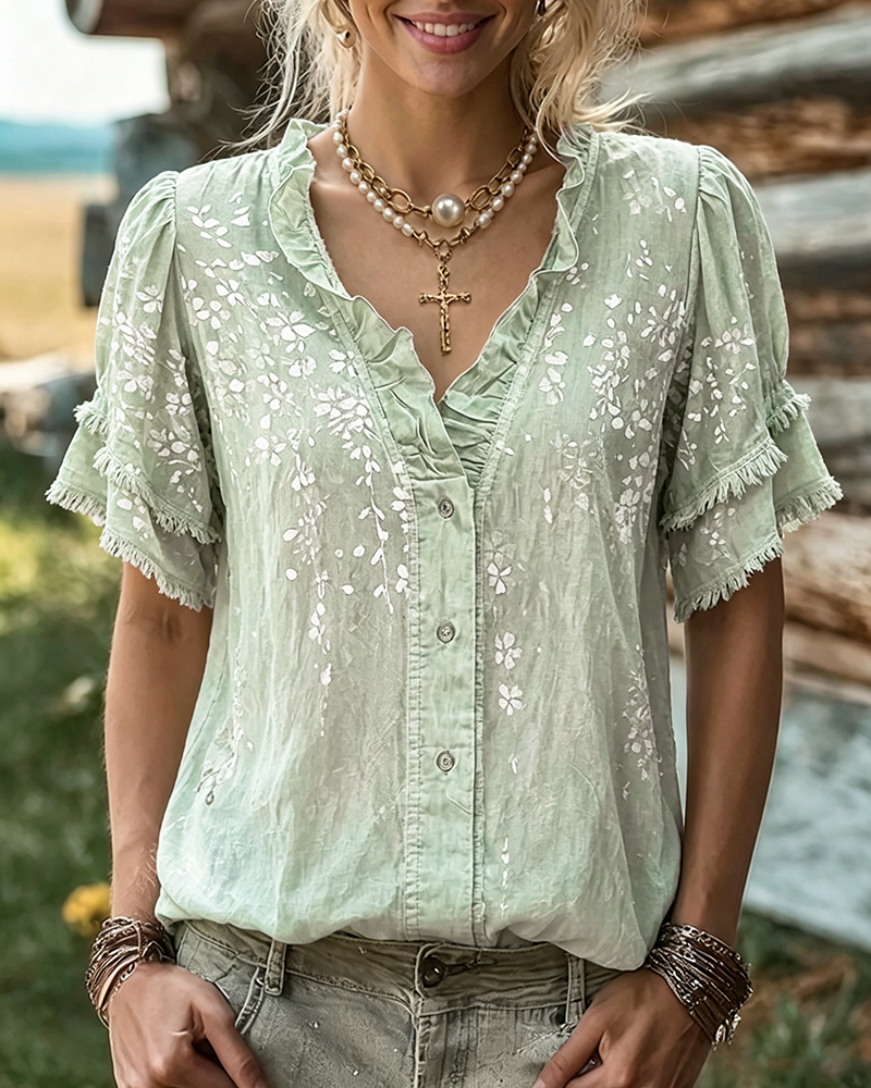 🔥2026 HOT SEAL ! ! !🔥100% Cotton Ruffle Trim V Neck Tiered Sleeve Floral Button Front Blouse