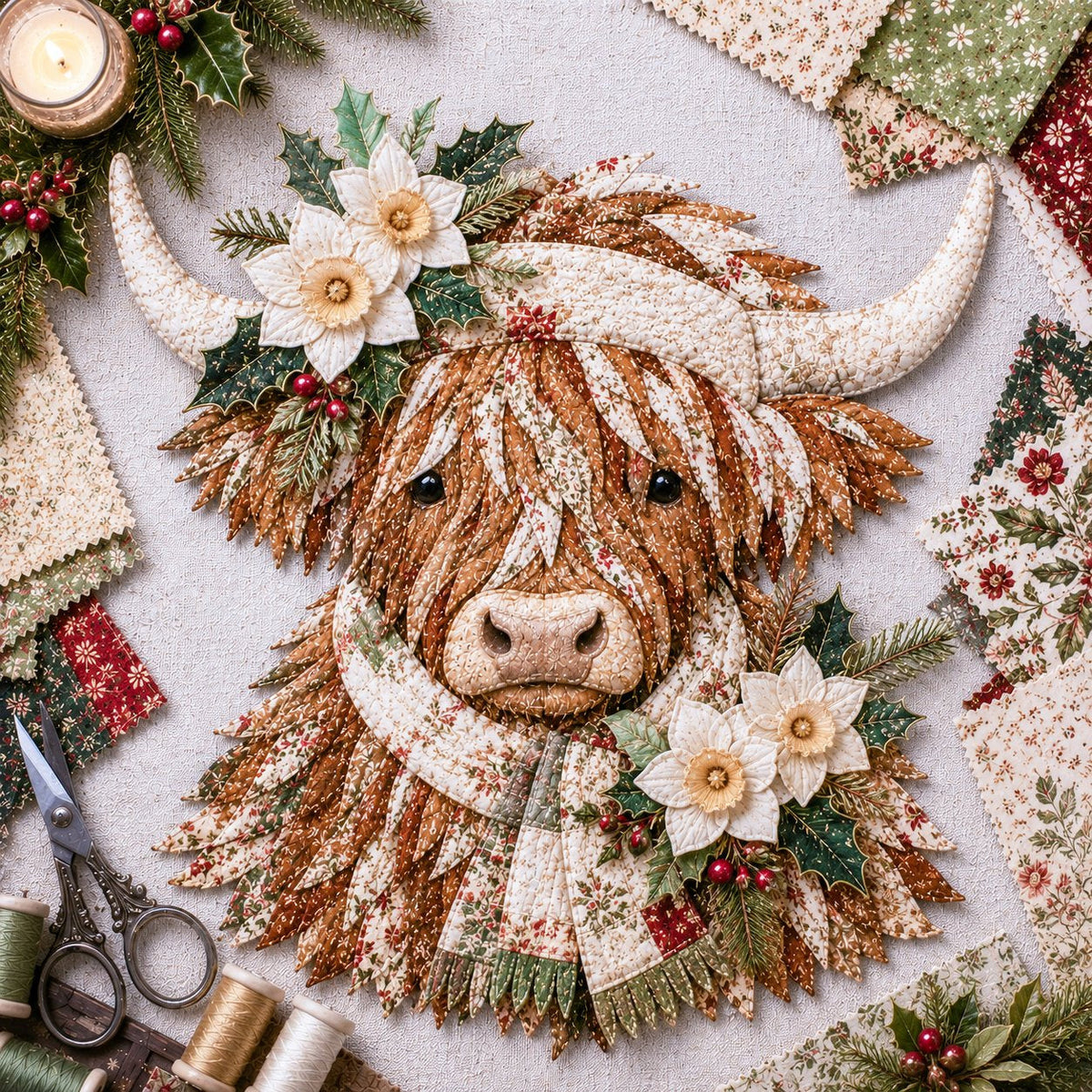 🔥 🐮 DIY Highland Cow 3D Fabric Art Kit with Beautiful Birth Flower Design 🌸✨