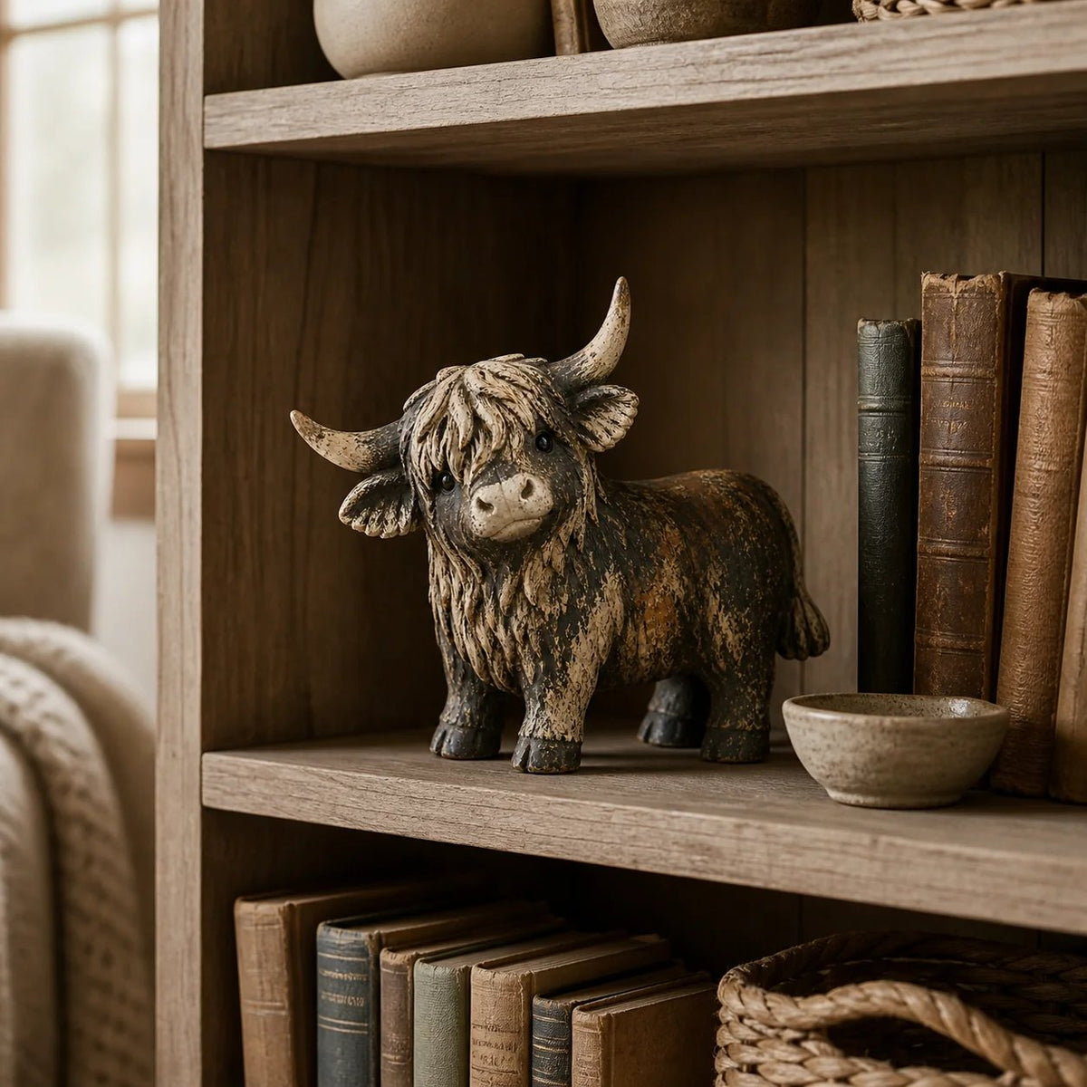 🐮 Rustic Highland Cows Figurine – Charming Farmhouse Tabletop Decor
